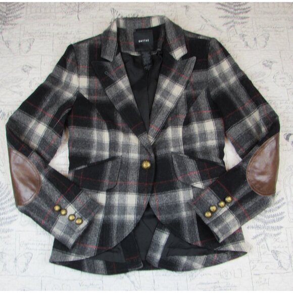 EUC $895 SMYTHE Duchess Wool Elbow Patch black red cream  Plaid Blazer Size 4 - Picture 1 of 8